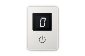 Modern control panel with digital display showing zero and power button. Transparent background for versatile use