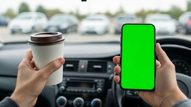 Person inside a car holding a coffee cup and a smartphone with a green screen.