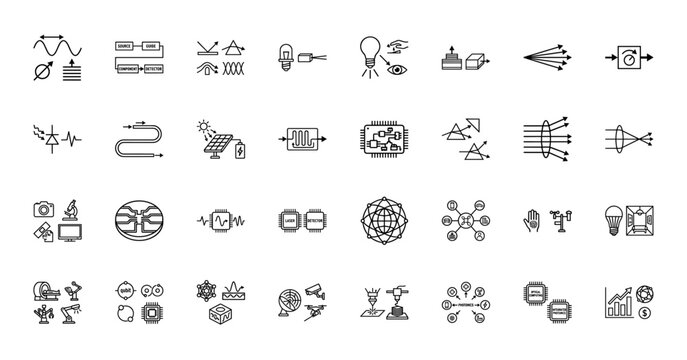 Photonics and optics line icon set. Vector pictograms of light waves, lasers, solar cells, microchips, and lenses, thin linear illustration.