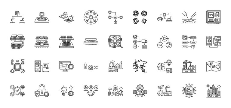 Semiconductor manufacturing line icon set. vector pictograms of chip design, wafer, packaging, and testing, thin linear illustration.