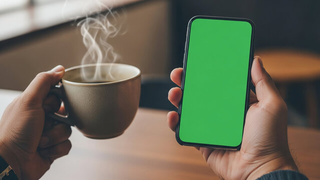 Person holding a steaming coffee cup and a smartphone with a green screen.