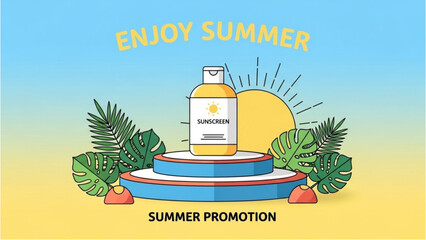 Vibrant summer promotion featuring a sun lotion bottle on a podium surrounded by tropical leaves and a shining sun illustration