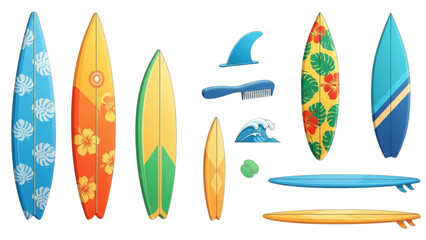 A vibrant collection of colorful surfboards and surfing accessories for summer beach fun