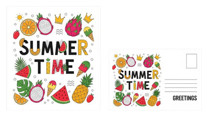 Bright Summer Time Fun with Tropical Fruits and Ice Cream Postcard Design