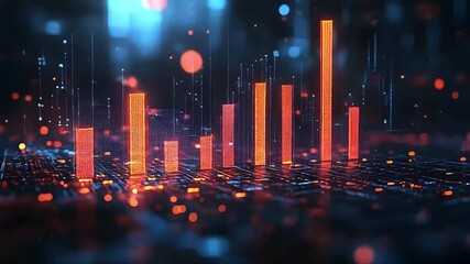 Animated wireframe poly lines connect to create a rising bar graph, embodying data analytics and financial growth. Futuristic technology with glowing particles visualizes business intelligence and - Powered by Adobe