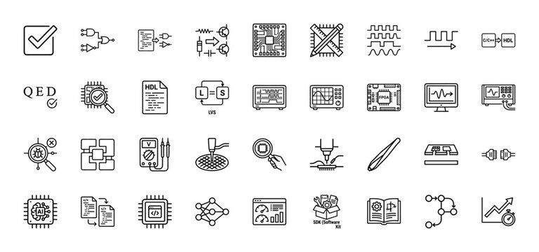 Electronics and integrated circuit design line icon set. Vector pictograms of logic gates, pcb, oscilloscope, fpga, and hdl, thin linear illustration.