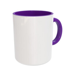 3D Render a purple and white coffee mug with a handle