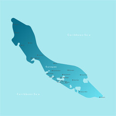 Vector modern illustration. Simplified administrative map of Country of Cura&ccedil;ao. Blue background of Caribbean sea. Names of cities