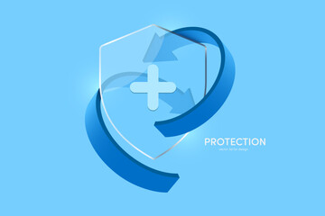  Two blue arrows swirl around a glass shield to protect against germs or viruses, vector 3d illustration isolated on blue background for Advertisements about medical or disinfectant products