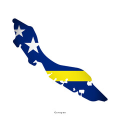 Vector isolated illustration with national flag with shape of Country of Cura&ccedil;ao simplified map. Volume shadow on is;and map.2 white stars on blue background and yellow strip