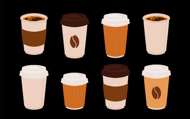 Takeaway paper coffee cups. Takeout hot drinks to go in paper mugs with lids and sleeves, zarf. Take-away tea and coffee on holder. Flat vector illustration isolated on white background