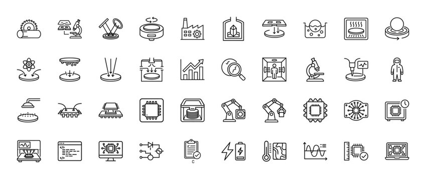 Semiconductor manufacturing line icon set. Vector pictograms of wafer slicing, lithography, etching, dicing, and chip packaging, thin linear illustration.