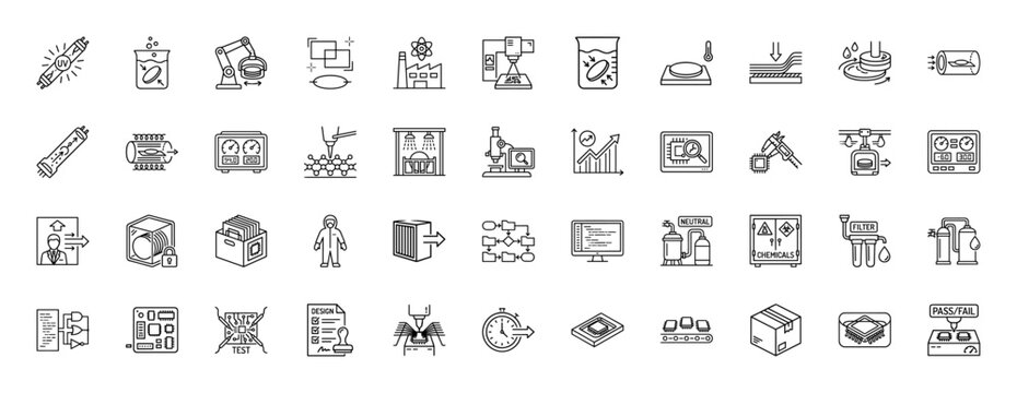 Semiconductor manufacturing and testing line icon set. Vector pictograms of cleanroom processes, fabrication, and quality control, thin linear illustration.