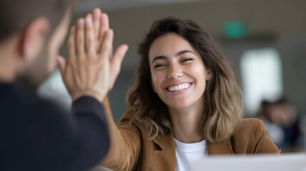 Joyful woman celebrating achievement with friend in modern workspace