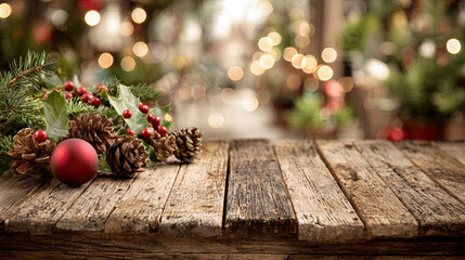 Christmas background with wooden table and festive decorations including pine cones, holly leaves, red ball, and mistletoe, warm blurred bokeh backdrop perfect for product display montage.