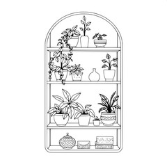 Crisp line-art illustration of a three-tier shelving system with smooth rounded edges and a minimalist metal frame, adorned with a variety of lush indoor plants with delicate leaves and vibrant green 