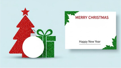 Festive Christmas and New Year greeting card design with sparkling glitter tree and gift elements