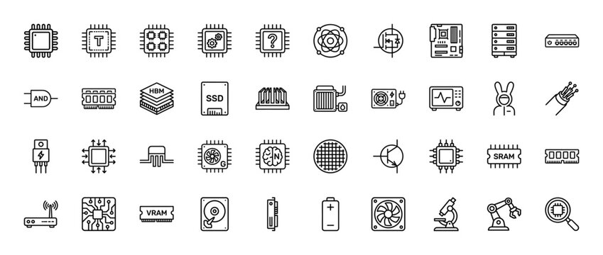 Electronics and computing hardware line icon set. Vector pictograms of microchips, semiconductors, memory, and cooling components, thin linear illustration.