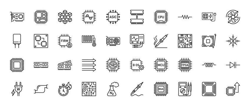 Electronics and hardware technology line icon set. Vector pictograms of microchips, cpu, soldering, and cooling fans, thin linear illustration.