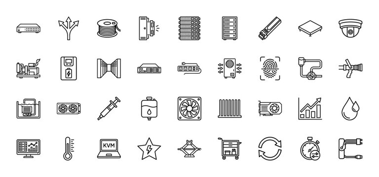 Information technology and data center line icon set. Vector pictograms of server racks, monitoring, cooling, and security devices, thin linear illustration. - Powered by Adobe