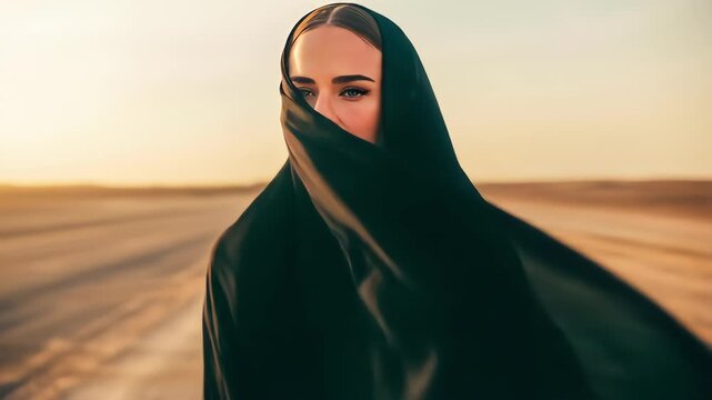 Portrait of a Muslim woman with beautiful eyes wearing a black niqab and hijab standing in a windswept desert at sunset