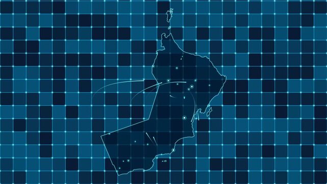 Digital grid map animation of Oman, Technology, Communication, Transportation