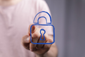 A human hand interacts with a virtual blue padlock icon, symbolizing advanced data security, internet privacy, and cyber protection for sensitiv