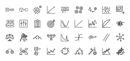Data science and machine learning line icon set. Vector pictograms of neural networks, algorithms, and data analysis concepts, thin linear illustration.