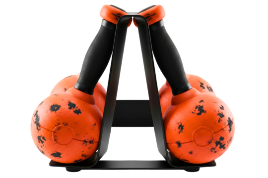 Pair of orange textured dumbbells resting on black metal stand isolated with transparent background