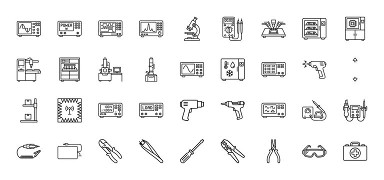 Electronics and engineering equipment line icon set. Vector pictograms of oscilloscopes, power supplies, microscopes, and tools, thin linear illustration.