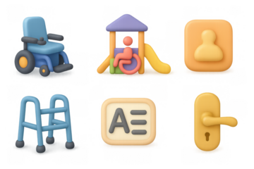 Accessibility icon set featuring wheelchair, playground, and door handle for inclusive design