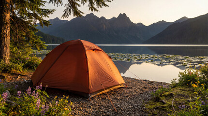 Orange tent beside tranquil mountain lake at sunrise with calm water, forest trees, wildflowers, and distant rugged peaks