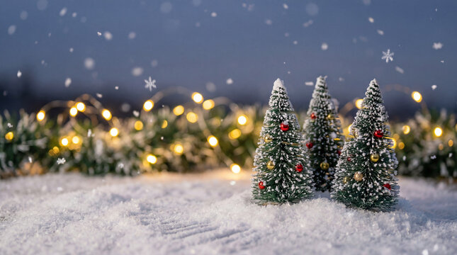 Snowy miniature christmas trees with festive lights and falling snow creating a magical winter holiday scene at dusk outdoors - Powered by Adobe