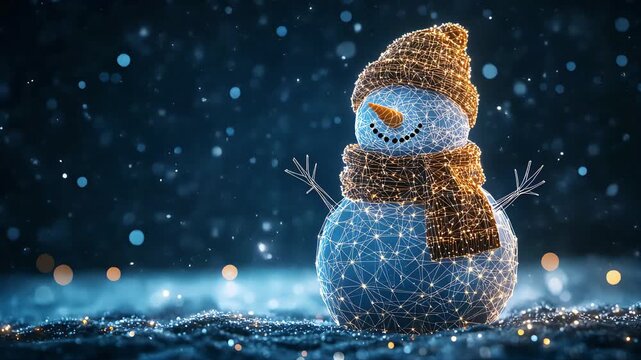 This modern technology animation shows a smiling snowman created from an abstract wireframe structure. Connected poly lines add a festive, technological feel. It suggests winter holidays and