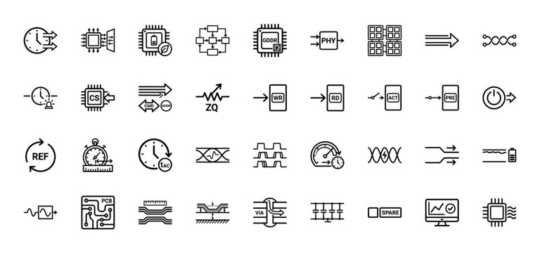 Electronics and semiconductor line icon set. Vector pictograms of clock, chip, command, data, and signal, thin linear illustration.