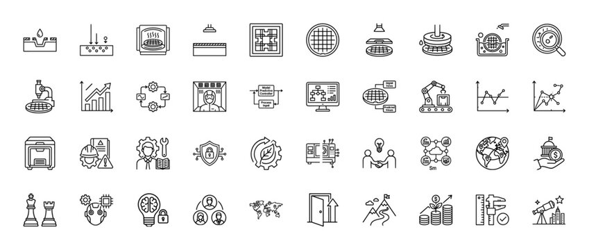 Semiconductor manufacturing and technology line icon set. Vector pictograms of wafer, processor, automation, and data, thin linear illustration.