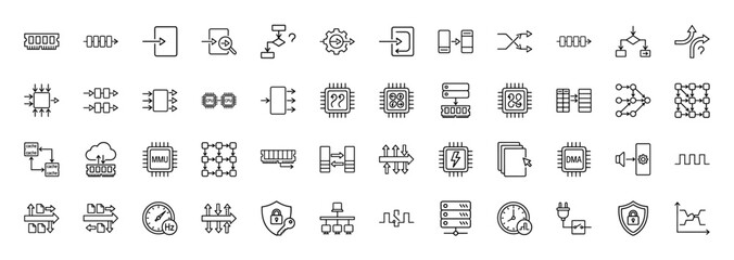 Computer science and hardware line icon set. Vector pictograms of memory, cpu, processing, and data flow, thin linear illustration.