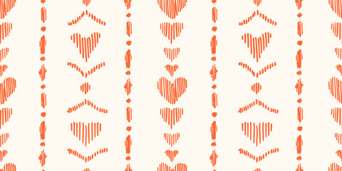 Seamless pattern with freehand ink doodle abstract hearts in vertical stripes. Trendy cute embroidery stitch background. Hand drawn vector illustration. Valentine, cottage core, needlework wallpaper.