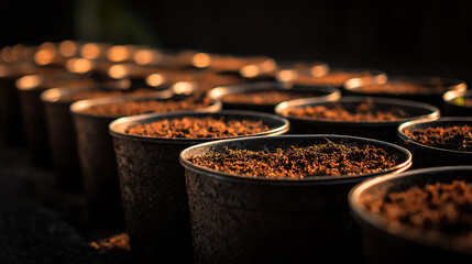 Rows of black planting pots filled with brown soil ready for seedlings in a greenhouse illuminated by warm golden sunlight for agriculture.