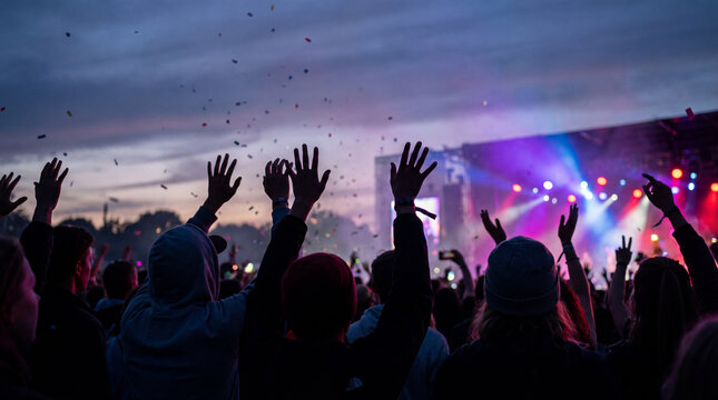 Excited crowd dancing with raised hands at outdoor music concert during colorful evening stage light show and flying confetti - Powered by Adobe