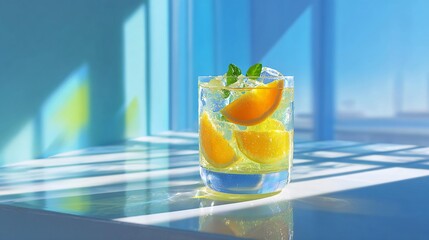 A clear glass of cool drink featuring icy texture and a vivid fruit garnish, photographed in a bright modern scene with clean lines and natural light