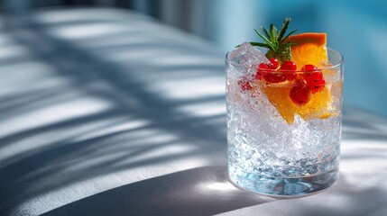 A clear glass of cool drink featuring icy texture and a vivid fruit garnish, photographed in a bright modern scene with clean lines and natural light