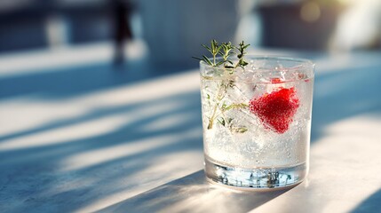 A clear glass of cool drink featuring icy texture and a vivid fruit garnish, photographed in a bright modern scene with clean lines and natural light