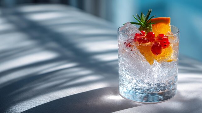 A clear glass of cool drink featuring icy texture and a vivid fruit garnish, photographed in a bright modern scene with clean lines and natural light
