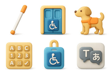 Accessibility icon set featuring guide dog, braille, and wheelchair symbols for inclusive design