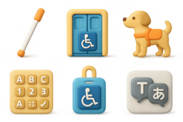 Accessibility icon set featuring guide dog, braille, and wheelchair symbols for inclusive design