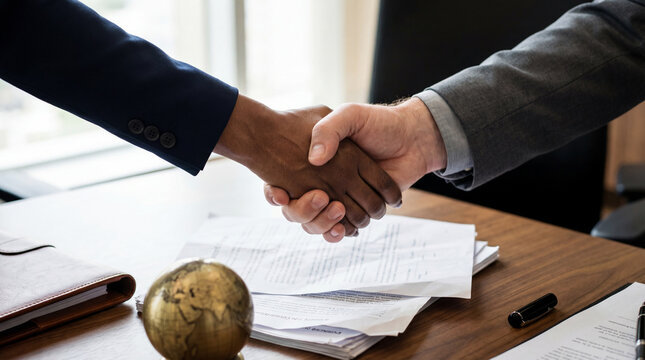 Business professionals shaking hands after successful agreement in a modern office, contract paperwork and globe visible on desk