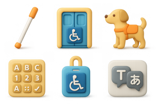Accessibility icon set featuring guide dog, braille, and wheelchair symbols for inclusive design
