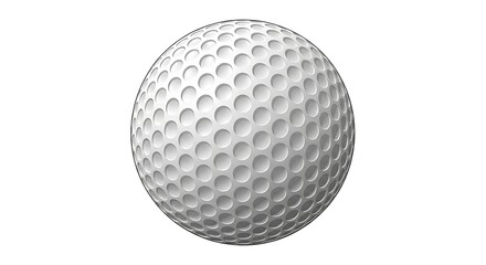 Close-up of a white golf ball with dimples on a white background.