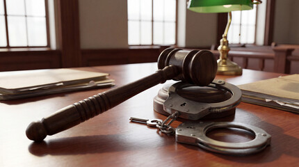 Wooden gavel resting beside metal handcuffs on courtroom desk under sunlight, symbolizing justice, law enforcement, and legal proceedings